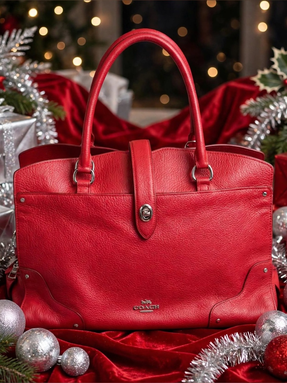 Coach Mercer 30 Red pebbled leather tote Satchel
